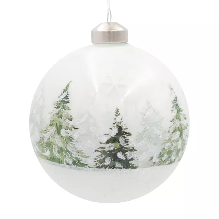 Szklana bombka ręcznie zdobiona z motywem ośnieżonych choinek