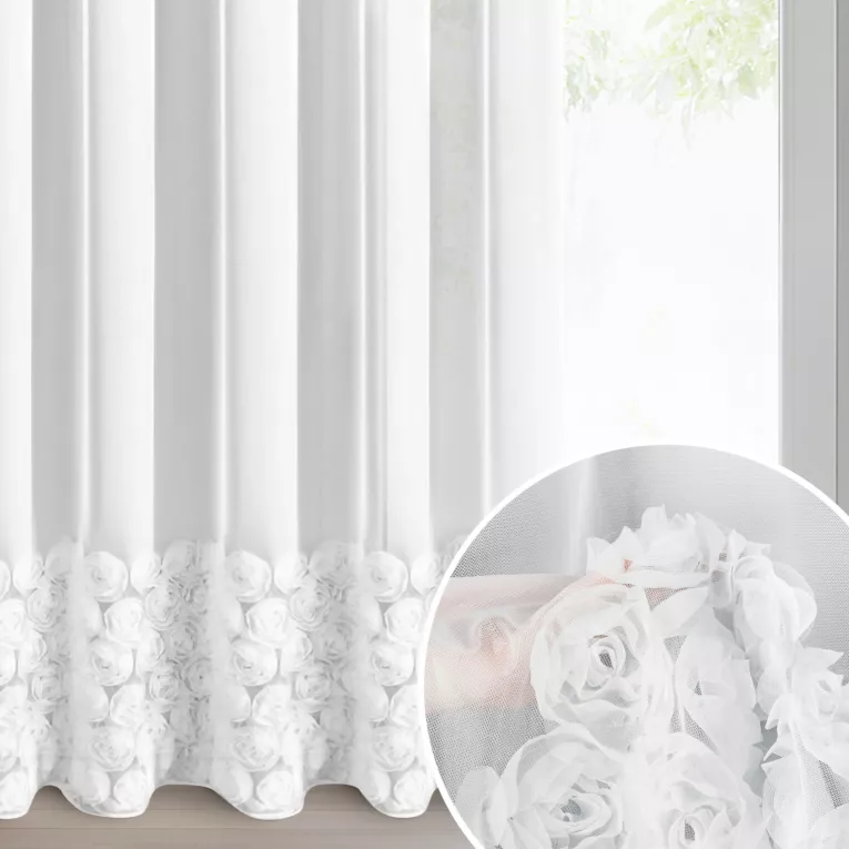 Firana biała z siateczki zdobiona aplikacją 3D w róże 140x270 cm taśma - ROSES3 - Eva Minge