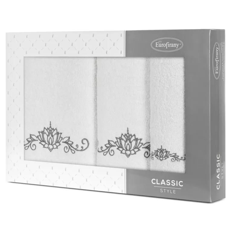 Zestaw ręczników bawełnianych na prezent 3 szt kolor biały,grafitowy z haftowanym wzorem lili wodnej 380g/m2 LILIANA