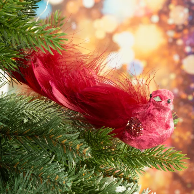 Ozdoba choinkowa PTAK z welwetu i z naturalnymi piórami z dodatkami brokatu