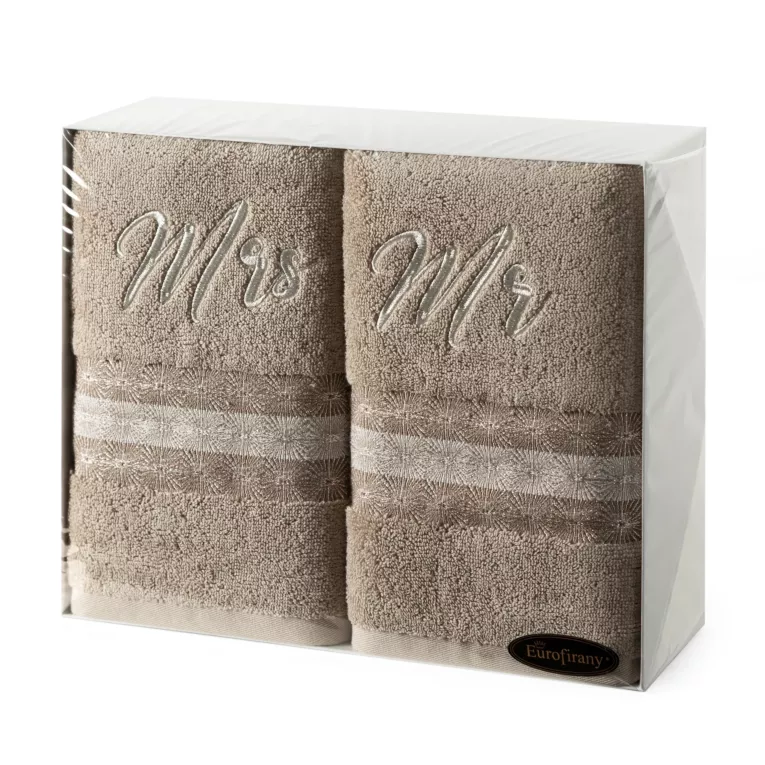 Zestaw ręczników bawełnianych na prezent 2 szt 50x90 cm kolor beżowy z haftem MRS&MR