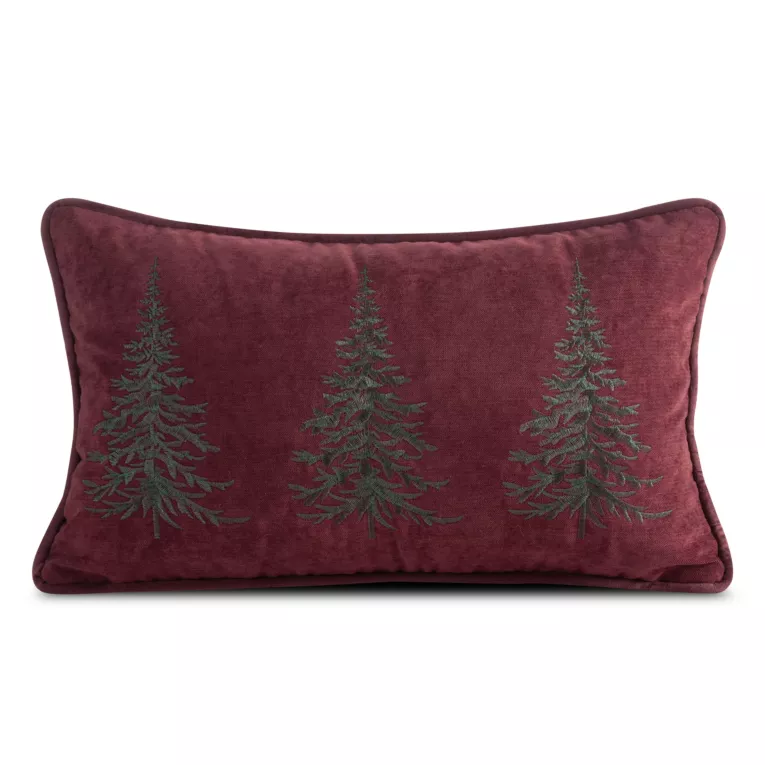 Poszewka na poduszkę świąteczna 30x50 cm welwetowa bordowo, zielona z szenilu zdobiona haftem choinek