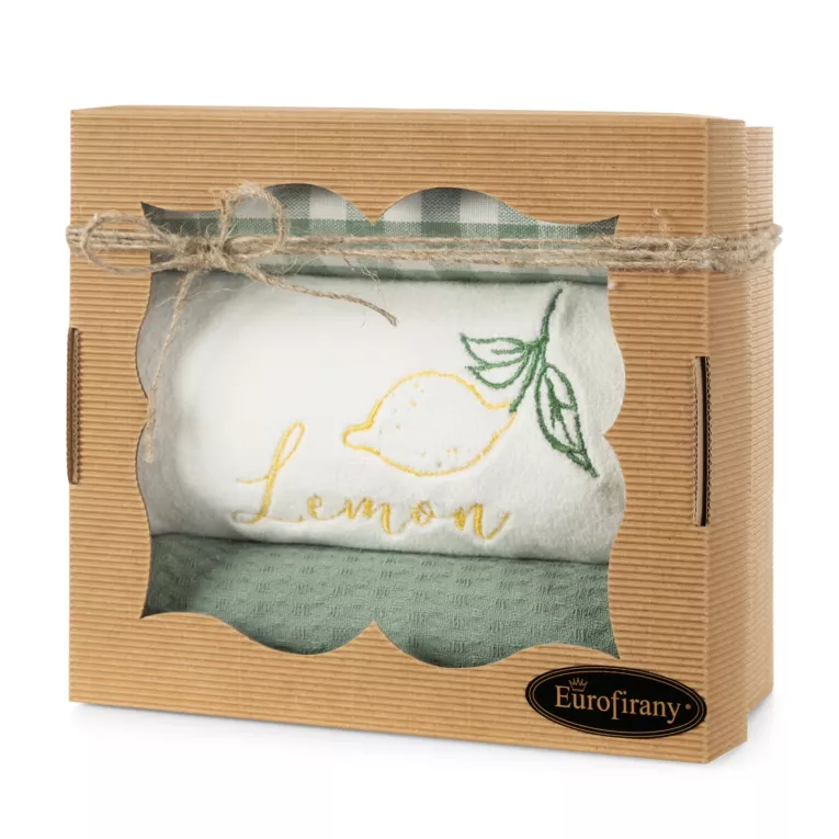 Zestaw ściereczek bawełnianych 3 szt 50x70 cm, 1 szt 30x30 cm kolor zielony, kremowy z uroczym haftem