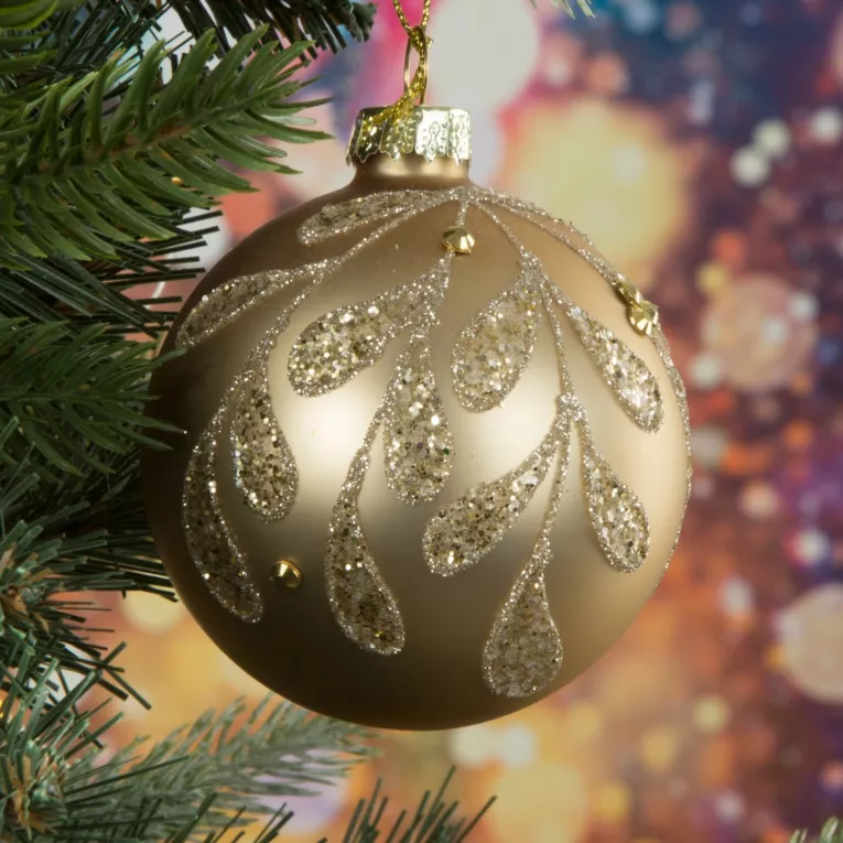 Bombka szklana ręcznie zdobiona wzorem gałązki jemioły wykończona brokatem i kryształkami