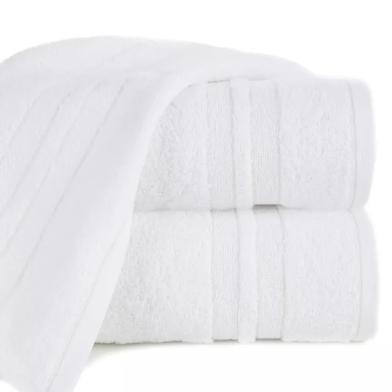 Ręcznik kąpielowy 70x140 cm bawełniany kolor biały z bordiurą w paski podkreślone błyszczącą nicią 500 g/m2 GALA