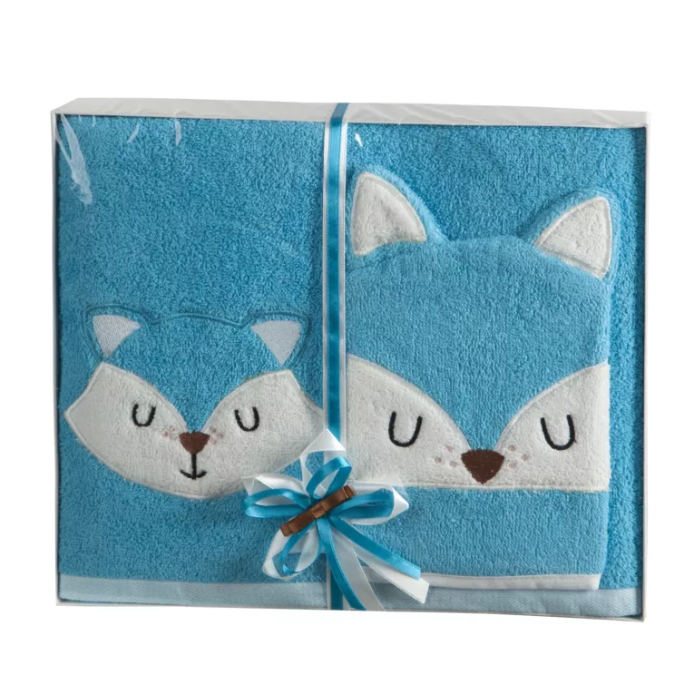 Zestaw upominkowy, ręcznik bawełniany 70x140 cm z myjką 15x21 cm kolor niebieski zdobione motywem misia
