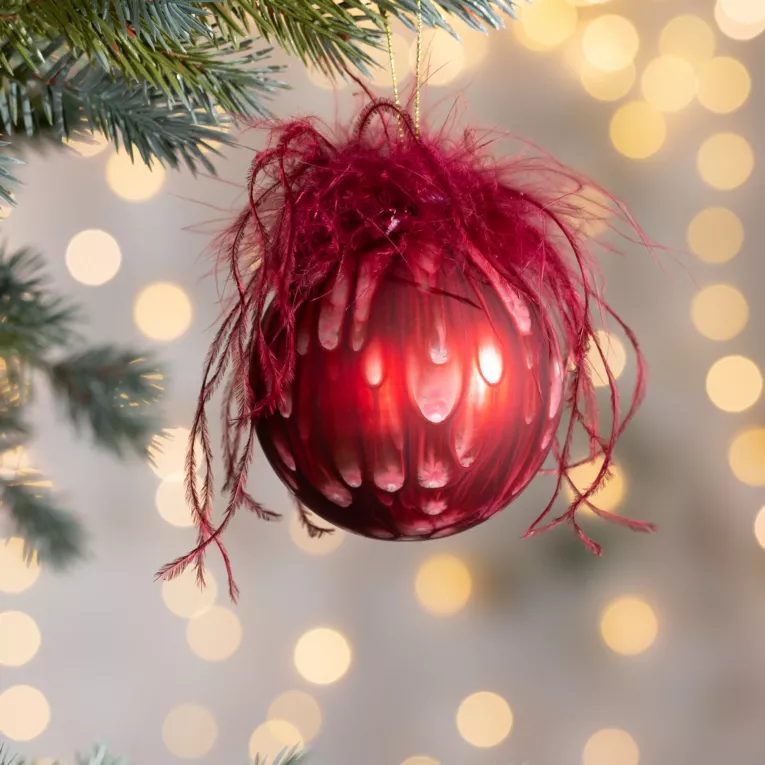 Szklana bombka choinkowa ręcznie zdobiona z dodatkiem piór