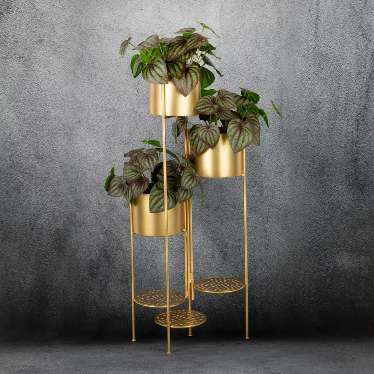 Kwietnik metalowy na trzy kwiaty złoty