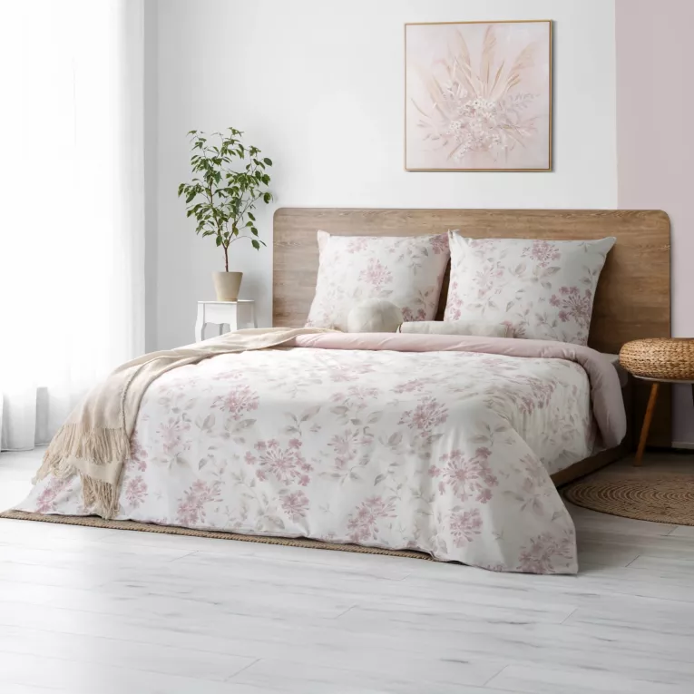 Pościel 140x200 cm komplet 2 częściowy z bawełny kolor pudrowo różowy, beżowy z motywem kwiatów LILA