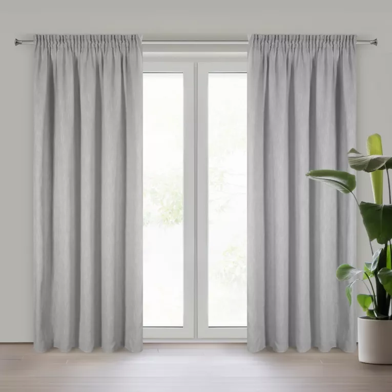 Zasłona srebrna z dodatkiem lnu i efektem deszczyku 140x300 cm taśma - JUDYTA