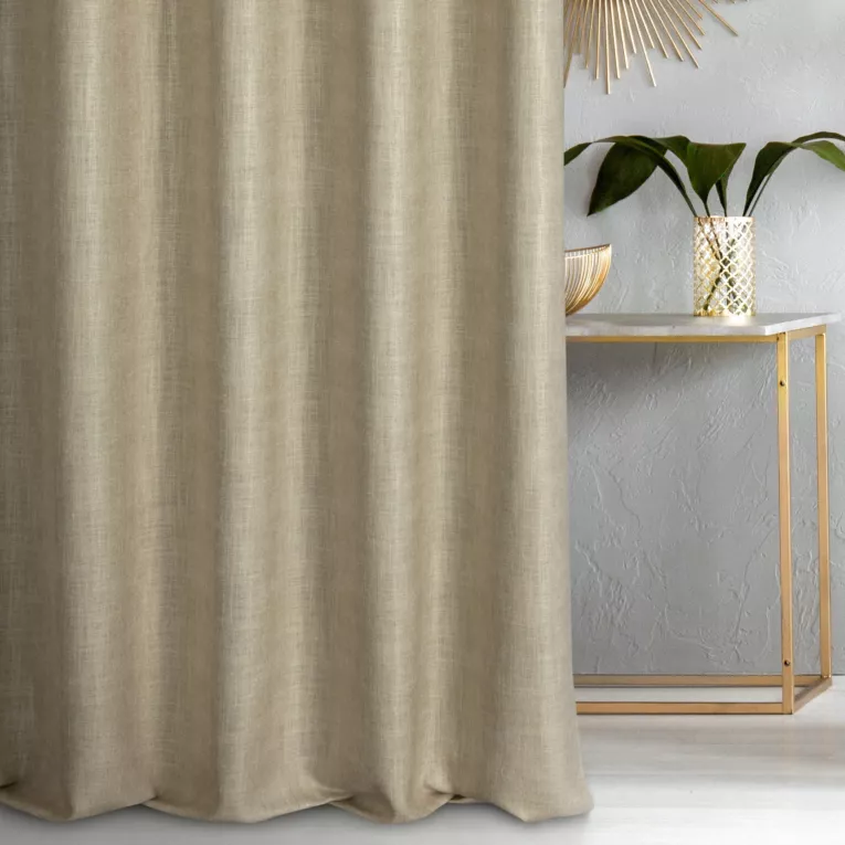 Zasłona szyta na taśmie 5 cm złoto złocista z tkaniny o luźnym splocie, z połyskliwym nadrukiem w stylu glamour Italissima Eva Minge