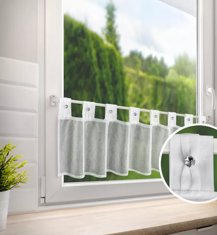 Zazdrostka biała z gładkiej matowej tkaniny z ozdobnymi szelkami z kryształkami 150x30 cm SEVILLA