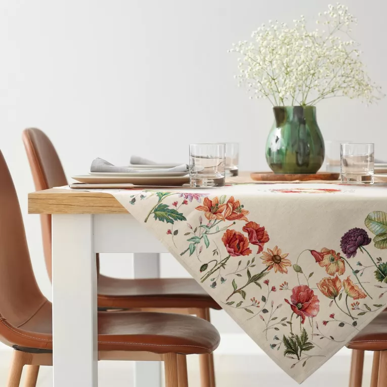 Obrus naturalno, czerwony 100x100 cm gobelinowy z motywem kwiatowym