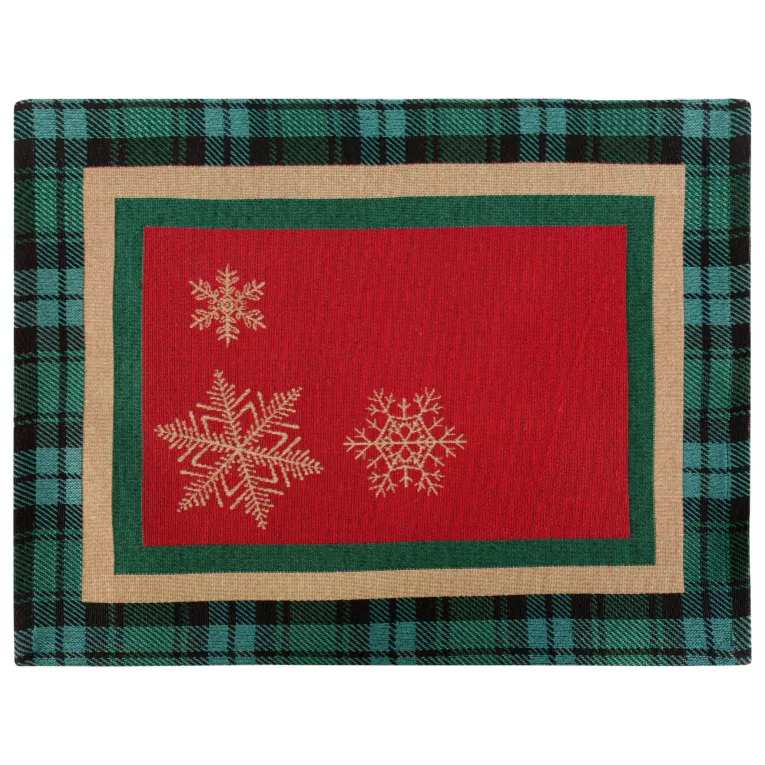 Podkładka na stół czerwono, zielona 35x45 cm gobelinowa CHERRY z motywem złotych śnieżynek i ozdobną kantą w kratę
