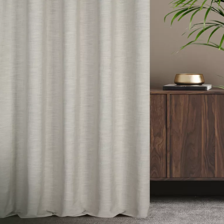 Zasłona szyta na flexach szarobeżowa z tkaniny z dodatkiem lnu, z melanżowym splotem ekologiczna