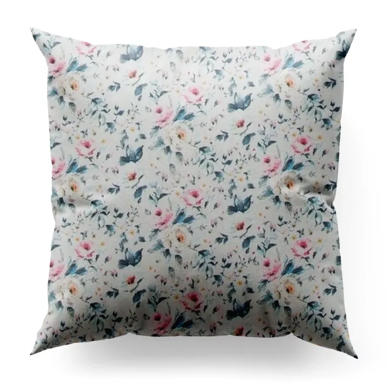 Poszewka szyta jasnokremowo turkusowa z tkaniny o naturalnym splocie z nadrukowanym kwiatowym wzorem