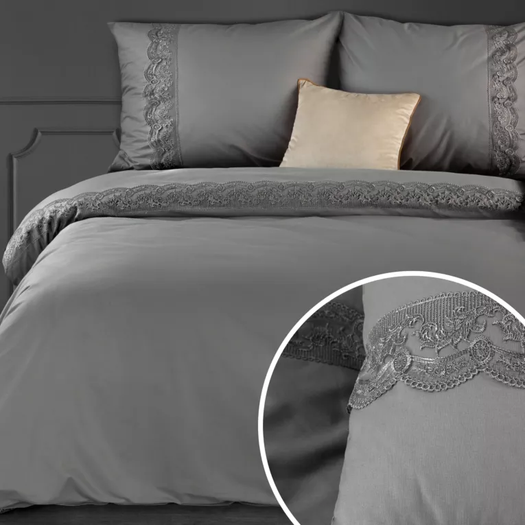 Pościel 160x200 cm komplet 3 częściowy z bawełny renforce kolor stalowy zdobiona elegancką koronką LANA1 Eurofirany Premium