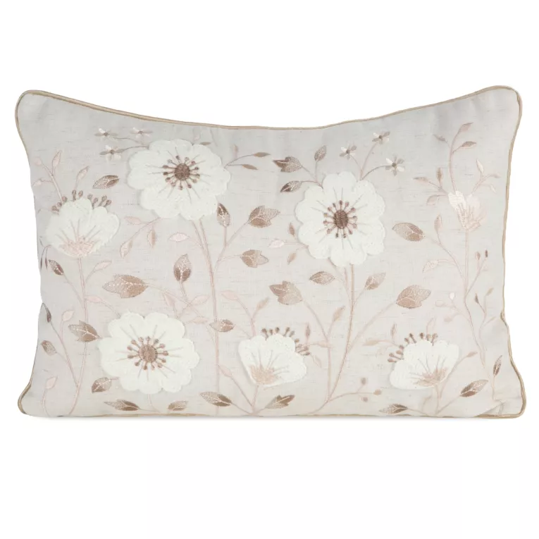 Poszewka na poduszkę 35x50 cm o naturalnym splocie zdobiona haftem wiosennych kwiatów beżowo, biała WIOSNA 123