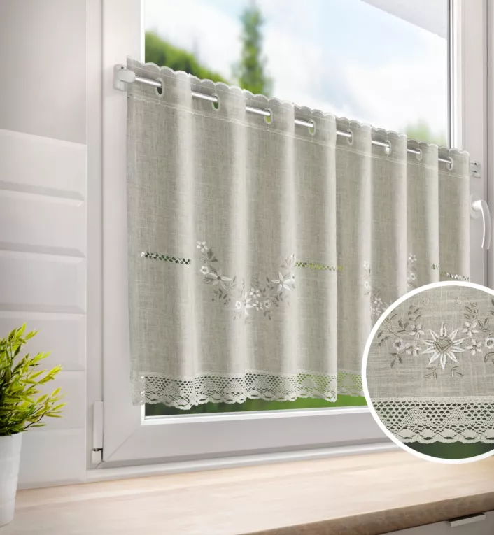 Zazdrostka beżowa z etaminy  zdobiona haftowanymi kwiatami 150x60 cm oczka VERONICA