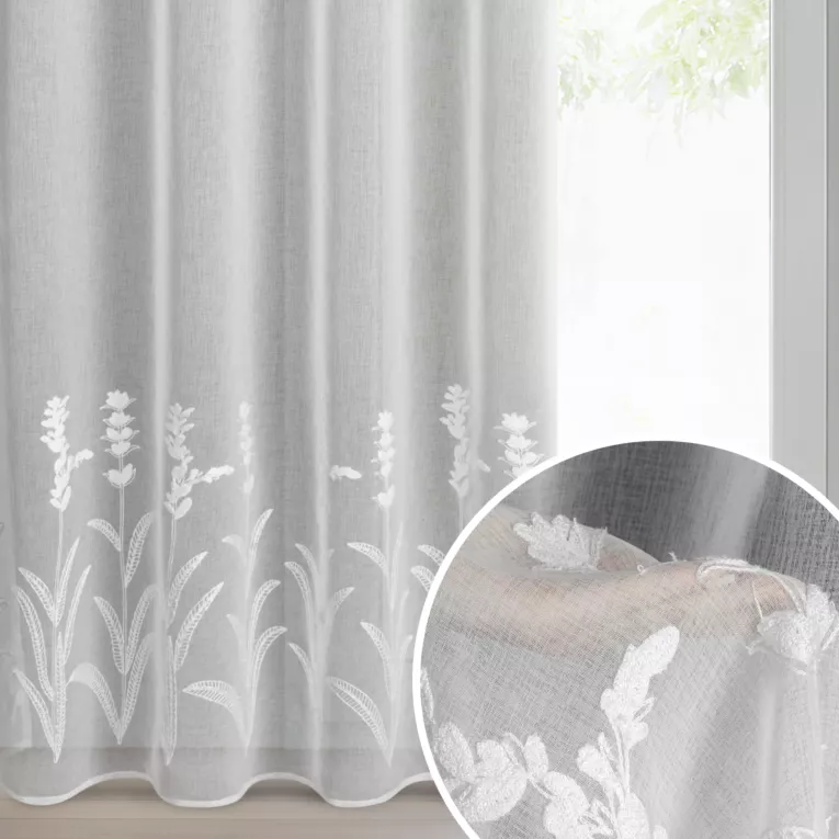 Firana biała z etaminy zdobiona haftem roślinnym 140x250 cm przelotka - TONYA