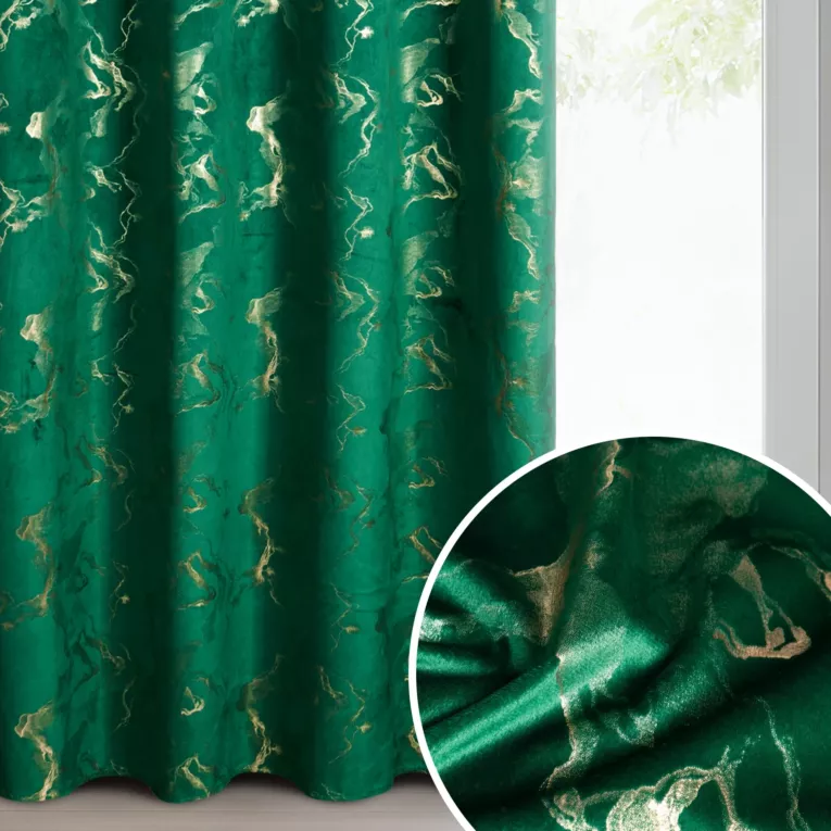 Zasłona ciemnozielono, szampańska welwetowa zdobiona błyszczącym nadrukiem 140x250 cm przelotka - RAJA