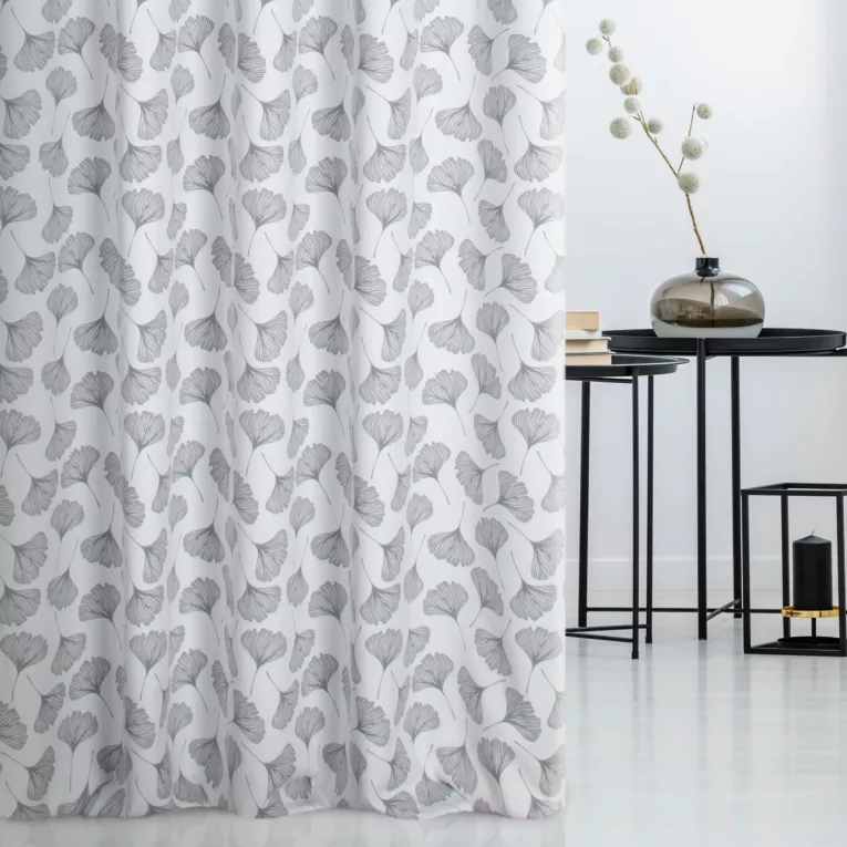 Tkanina zasłonowa z nadrukiem w liście miłorzębu, miękka w dotyku