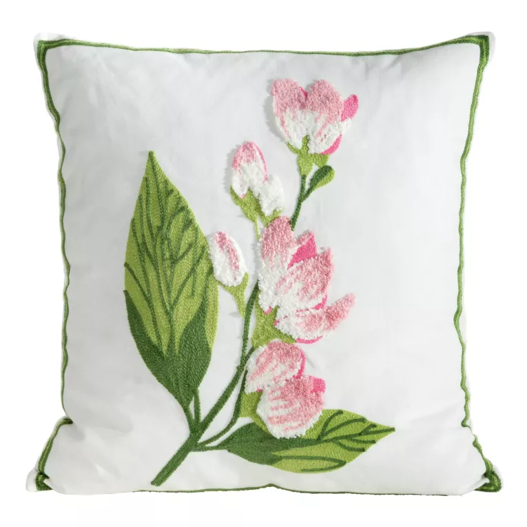 Poszewka na poduszkę 45x45 cm biało, zielona zdobiona haftowanym motywem kwiatów WIOSNA 68