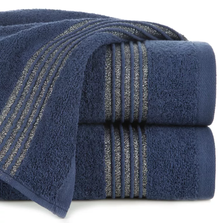 Ręcznik kąpielowy 70x140 cm bawełniany kolor granatowy zdobiony paseczkami przeszywanymi błyszczącą nicią 500 g/m2 LILA