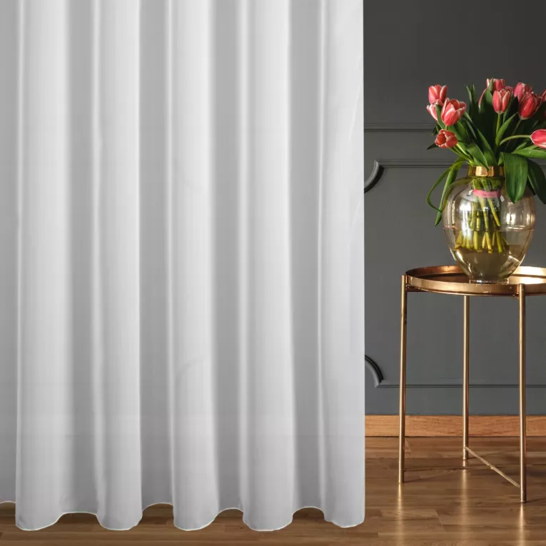 Firana szyta na taśmie 5 cm kremowa półprzezroczysta, z tkaniny typu żorżeta o niestandardowej wysokości 340cm, wykończona obciążnikiem