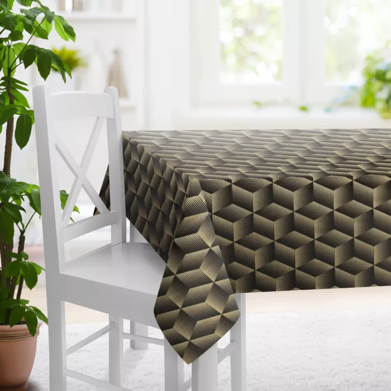 Obrus szyty czarno złocisty z tkaniny welwetowej zdobionej delikatnie połyskującym drukiem