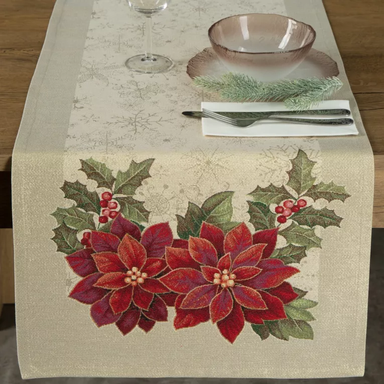 Bieżnik na stół złoto, czerwony 50x110 cm gobelinowy z motywem gwiazdy betlejemskiej, przetykany złotą nicią