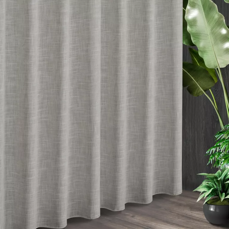 Tkanina zasłonowa z dodatkiem lnu o melanżowym wzorze zakończona obciążnikiem