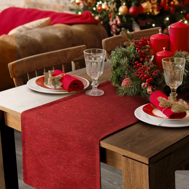 Bieżnik na stół czerwono, złocista 40x140 cm z żakardowej tkaniny LISE w drobne błyszczące prążki