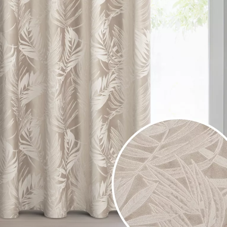 Zasłona beżowa welwetowa zdobiona motywem palmowych liści 140x250 cm przelotka - VERA