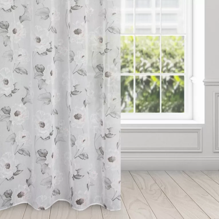 Firana biało, różowa z matowej etaminy z kwiatowym motywem 140x250 cm przelotka BESSY