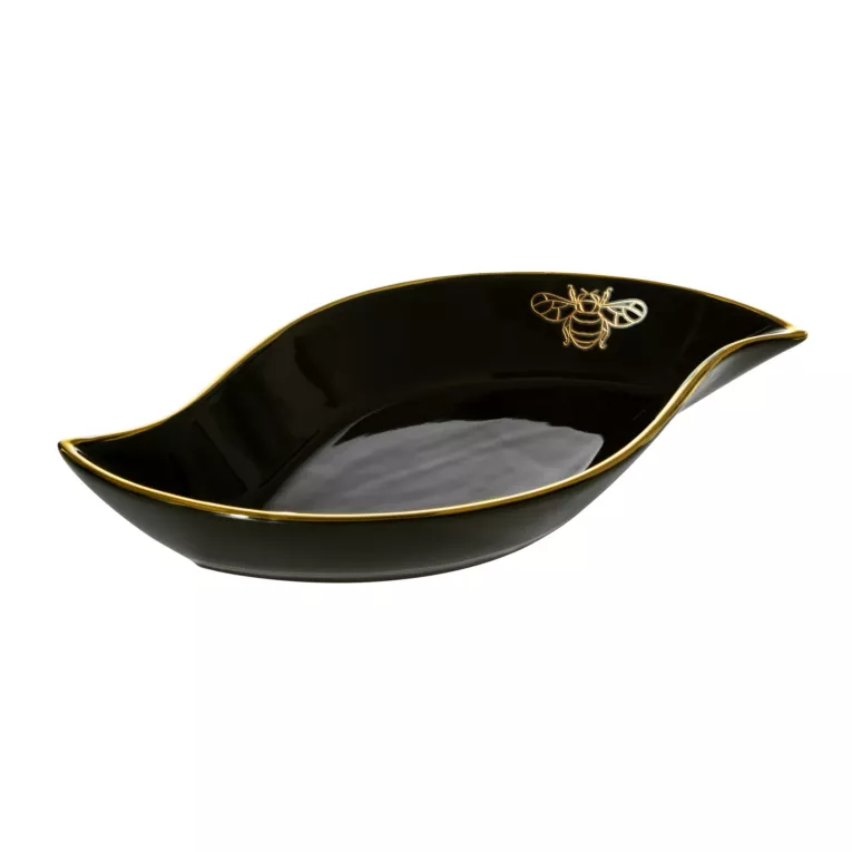 Patera ceramiczna w kształcie łódki z nadrukiem złotej pszczoły