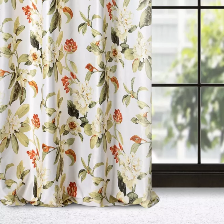 Zasłona biało, oliwkowa w kwiaty z tkaniny welwetowej 140x250 cm przelotka ALEA