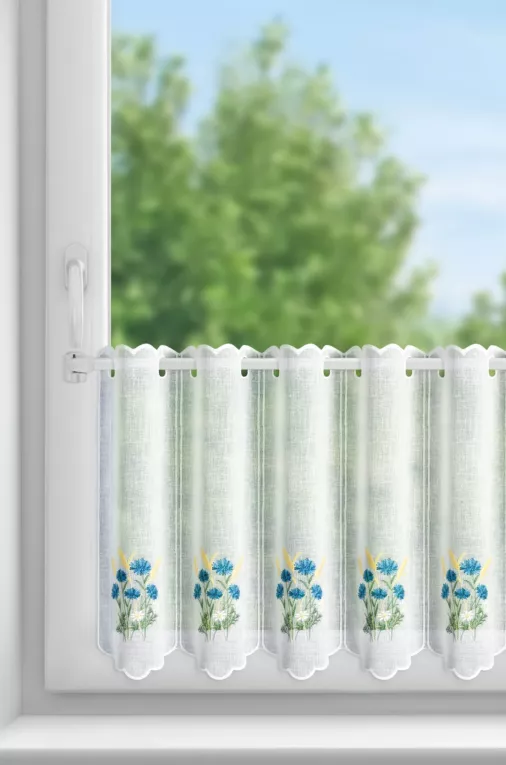 Tkanina firanowa zazdrostka zdobiona haftem polnych drobnych kwiatuszków