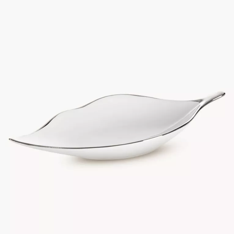 Patera ceramiczna biało-srebrna  w kształcie liścia 13x30x5 cm ABBI