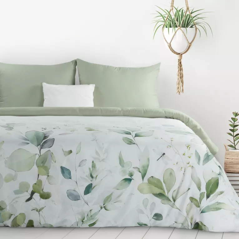 Pościel 160x200 cm kolor biały, oliwkowy z motywem liści VERANO design 91