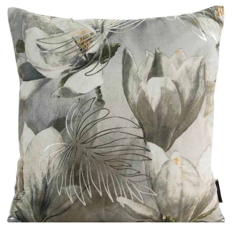 Poszewka na poduszkę 40x40 cm welwetowa, stalowa z nadrukiem magnolii i srebrnymi liśćmi SANDY