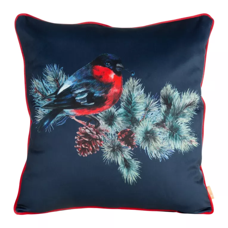 Poszewka świąteczna BELL z miękkiego welwetu z motywem ptaka na gałązce i wypustką na brzegach