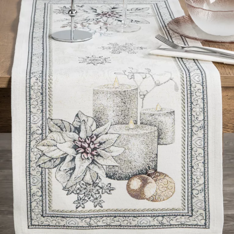 Bieżnik na stół popielato, srebrny 45x140 cm gobelinowy zdobiony wzorem świątecznym