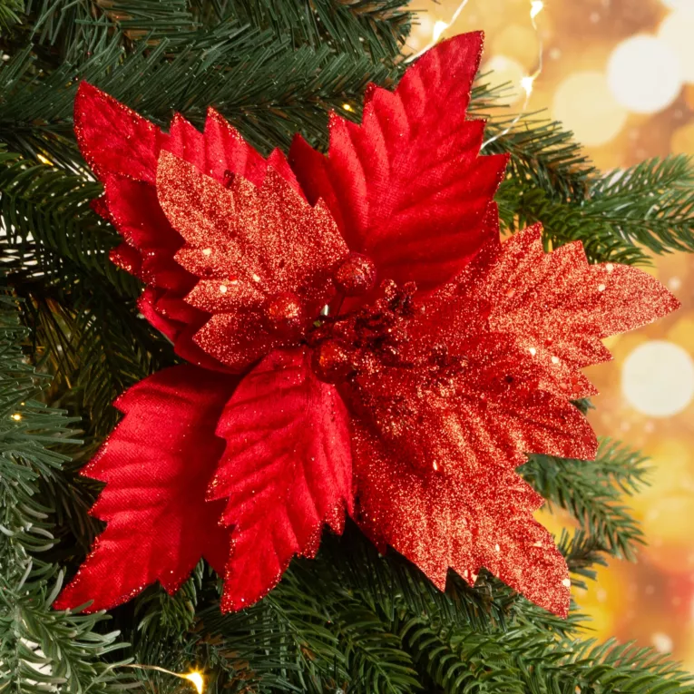 Świąteczny kwiat dekoracyjny z welwetu dekorowany brokatem