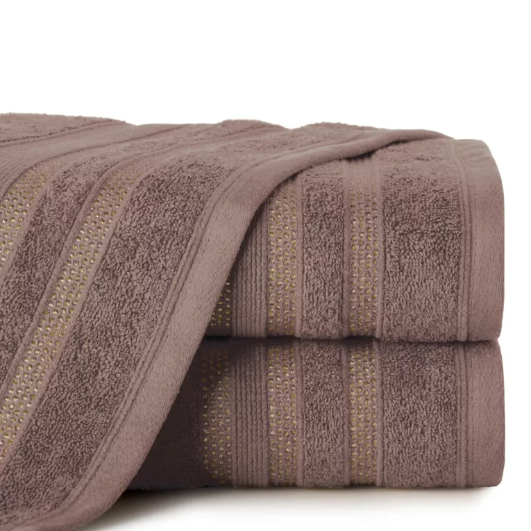 Ręcznik kąpielowy 70x140 cm bawełniany kolor jasnobrązowy z bordiurą w błyszczące paski 500 g/m2 JUDY