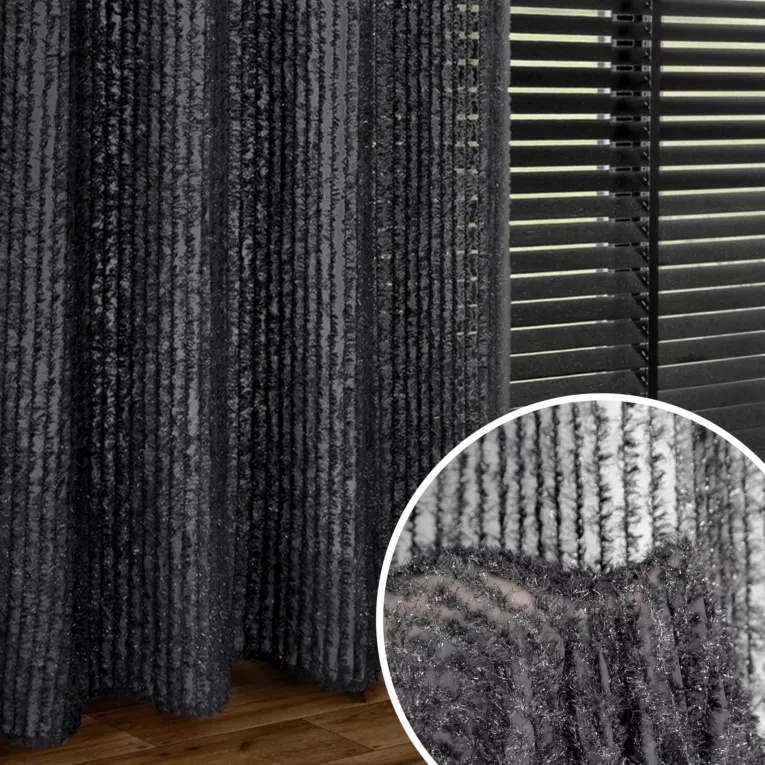 Zasłona czarna zdobiona moherową nicią z tkaniny szyfonowej 135x250 cm przelotka - SELMA - Eva Mingę