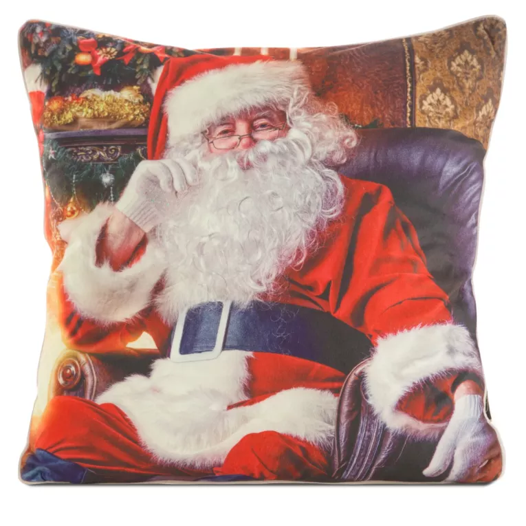 Poszewka na poduszkę 45x45 cm welwetowa, czerwono biała zdobiona uroczym motywem świątecznym