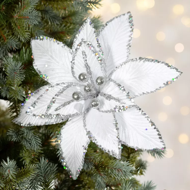 Świąteczny kwiat dekoracyjny z welwetowej tkaniny i błyszczących drobinek