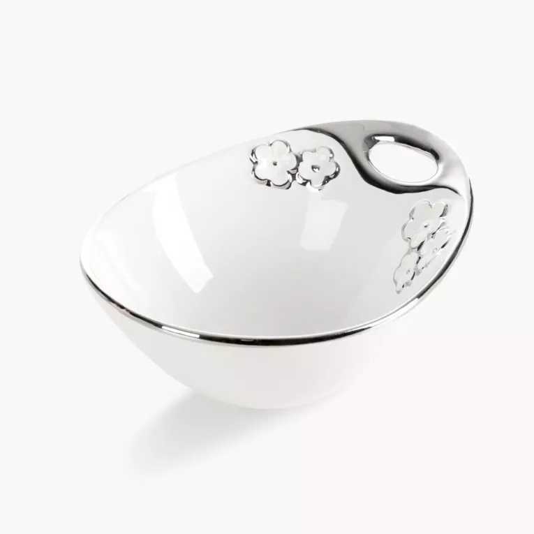 Misa dekoracyjna biało, srebrna zdobiona metalicznymi kwiatami 18x14x8 cm ARIANA