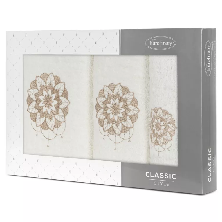 Zestaw ręczników bawełnianych na prezent 3 szt kolor kremowy,beżowy z haftowanym motywem lotosu 380g/m2 LOTUS